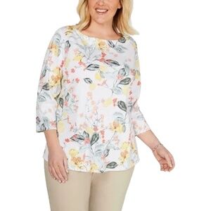 Charter Club Women's White Combo Floral Boat Neck 3/4 Sleeve Top Plus Size 0X